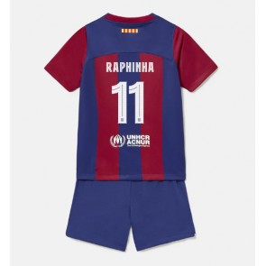 Lacne Dětský Futbalové dres Barcelona Raphinha Belloli #11 2023-24 Krátky Rukáv - Domáci (+ trenírky)
